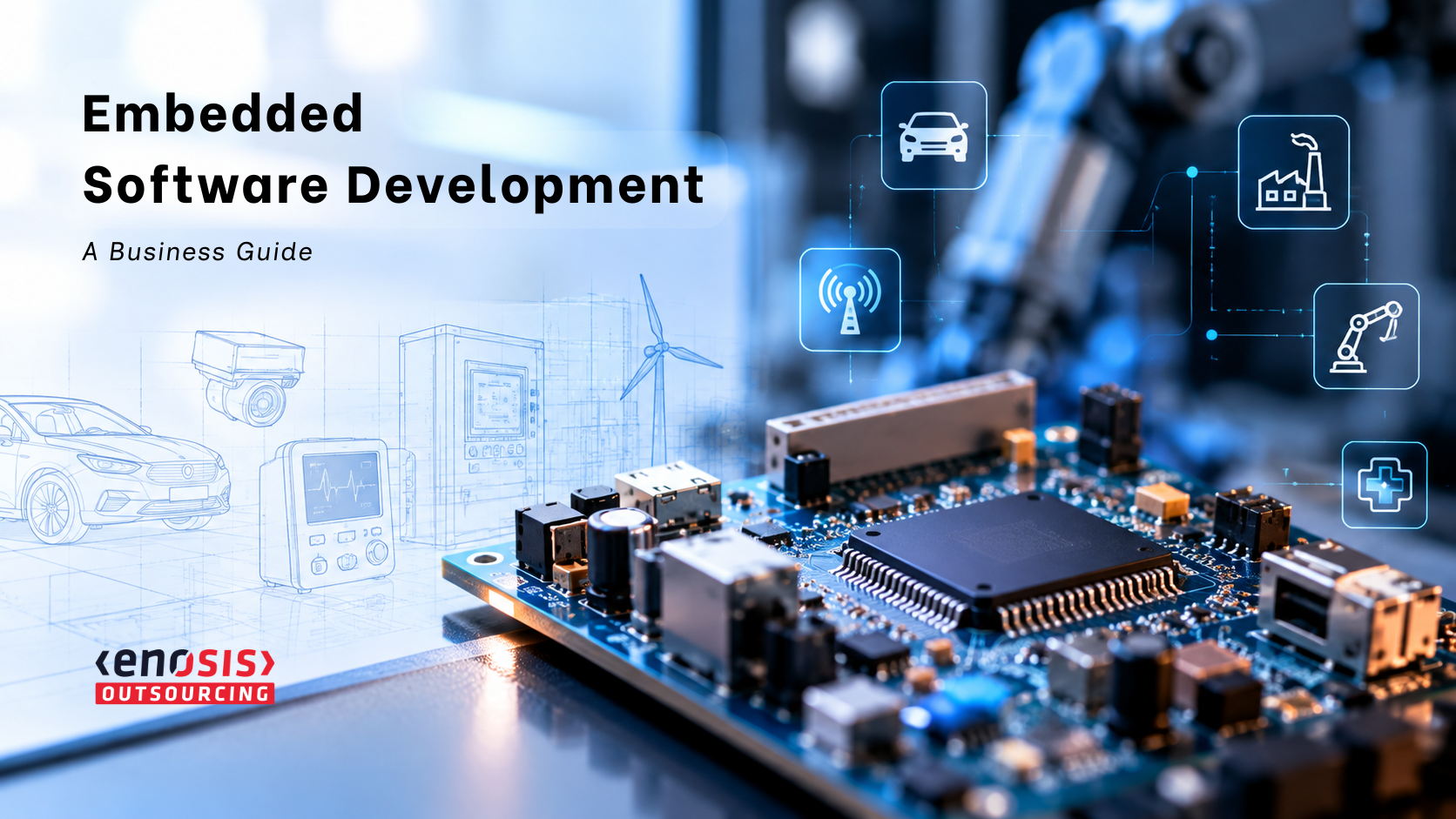 Embedded software development guide by Enosis Outsourcing with circuit board, microchip, automotive, industrial, and IoT visuals.