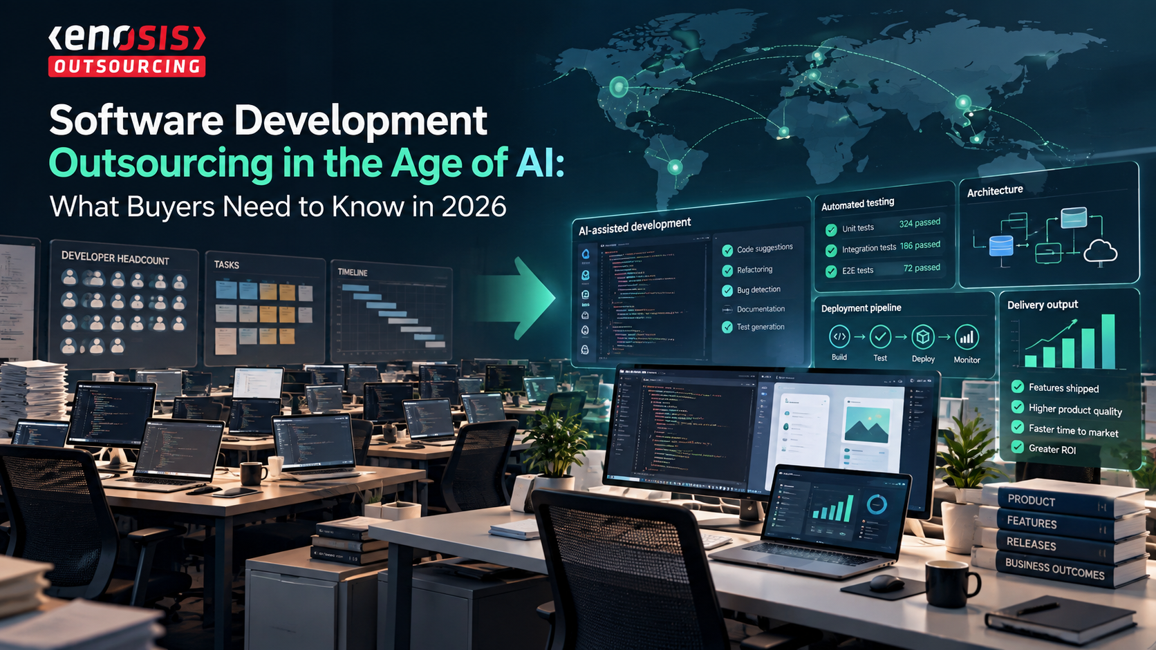 Software development outsourcing shifting from developer headcount to AI-assisted engineering, automated testing, deployment, and measurable delivery outcomes.