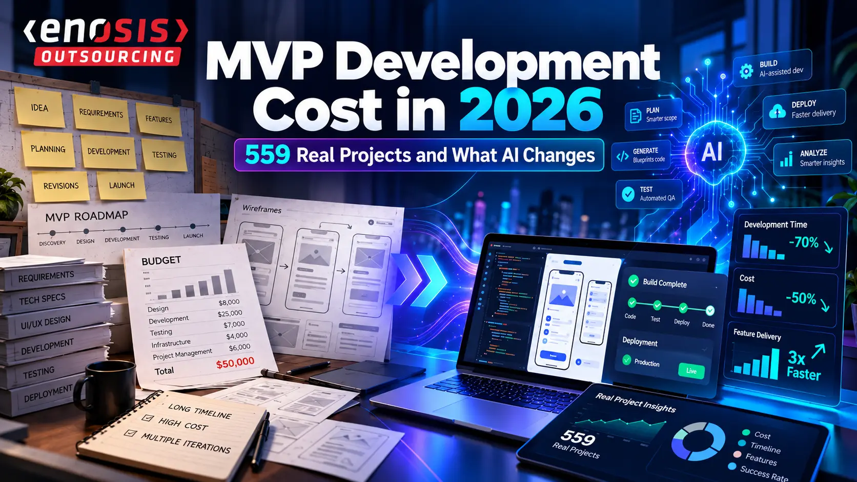 MVP development cost in 2026 with budget planning, project timeline, software dashboards, and AI-assisted development based on 559 real projects