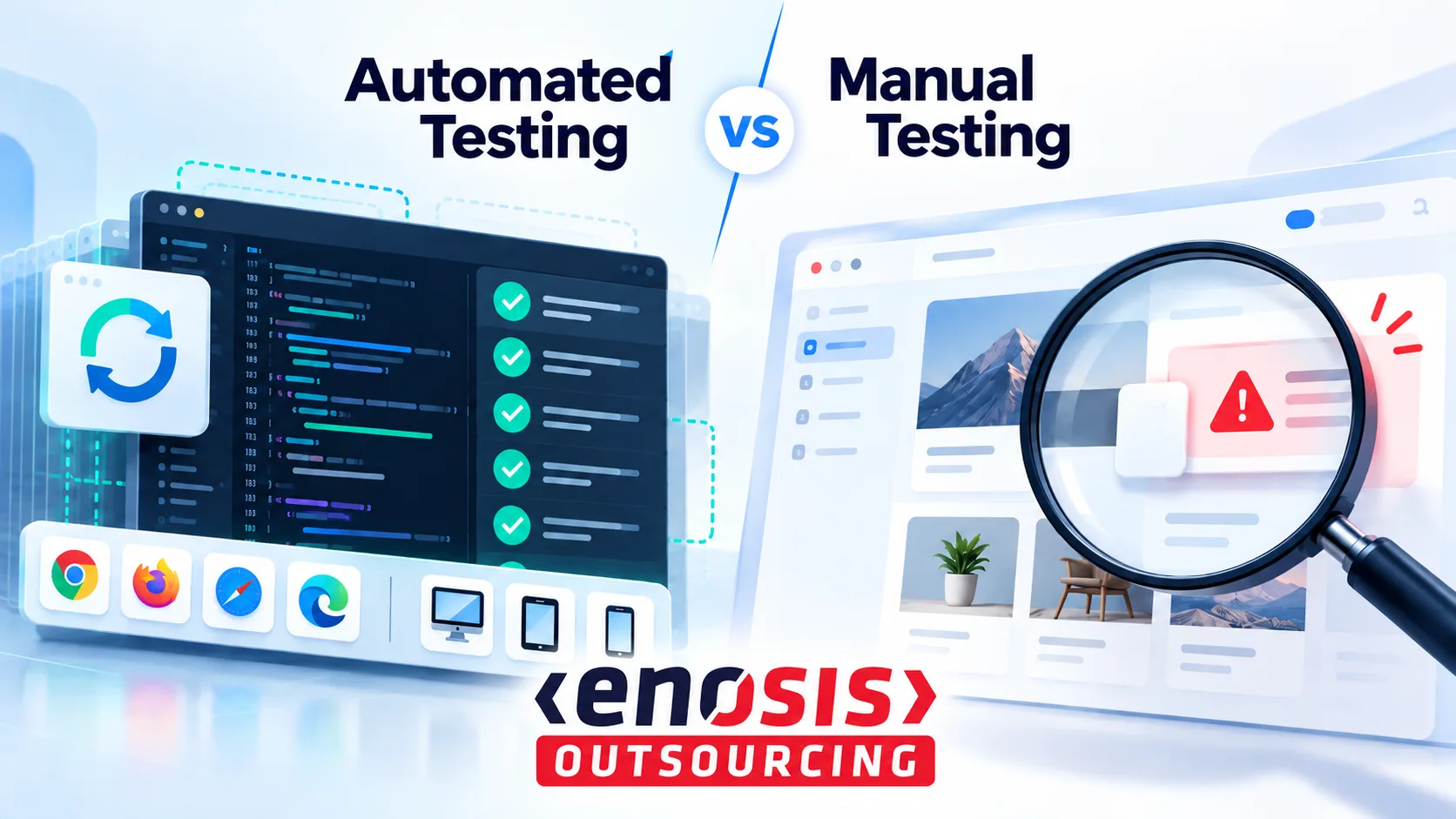 Enosis Outsourcing graphic comparing automated testing checks with manual testing focused on finding unexpected software issues.
