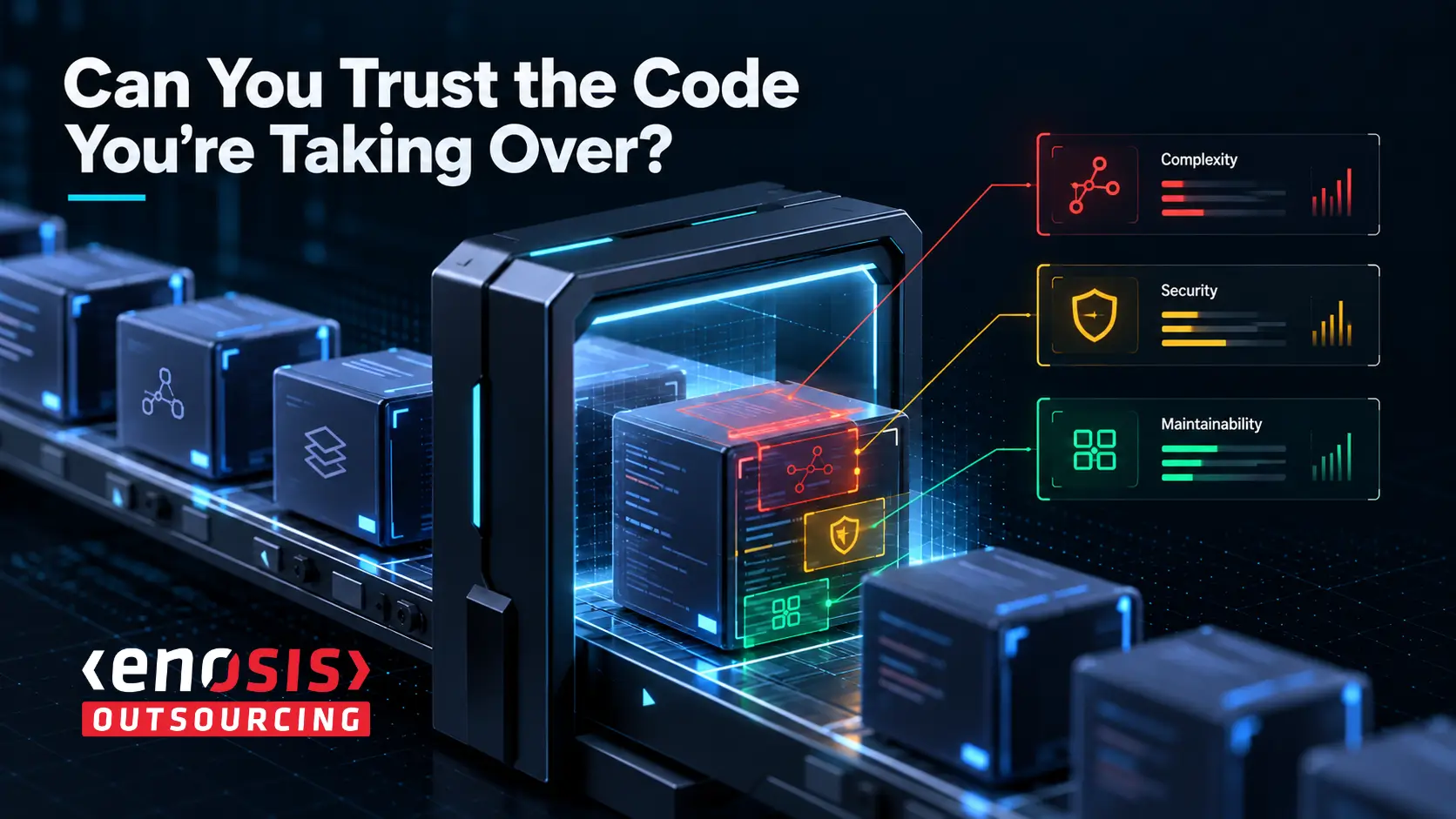 Enosis Outsourcing code quality assessment graphic showing software blocks scanned for complexity, security, and maintainability.