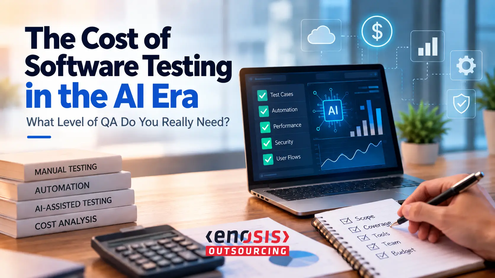 Enosis Outsourcing graphic on software testing costs, QA automation, AI-assisted testing, and budget planning