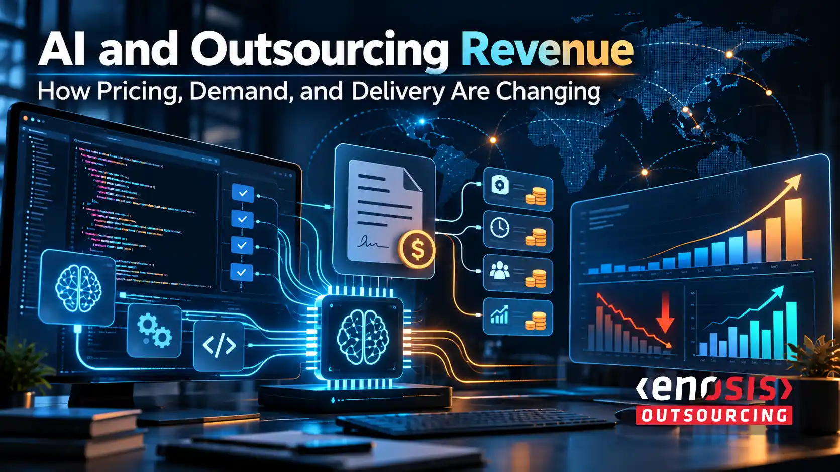 Enosis Outsourcing illustration showing AI-driven software development, contract pricing, and changing outsourcing revenue trends.