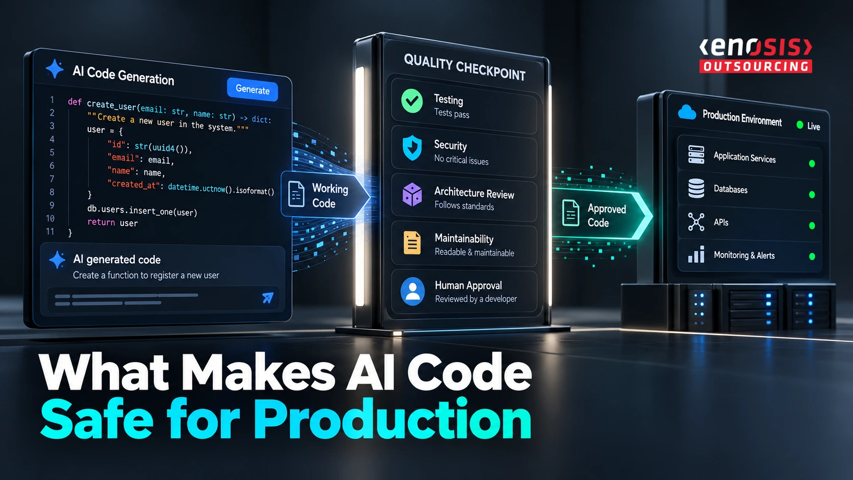AI-generated code passing through testing, security, architecture, maintainability, and human approval before production deployment.