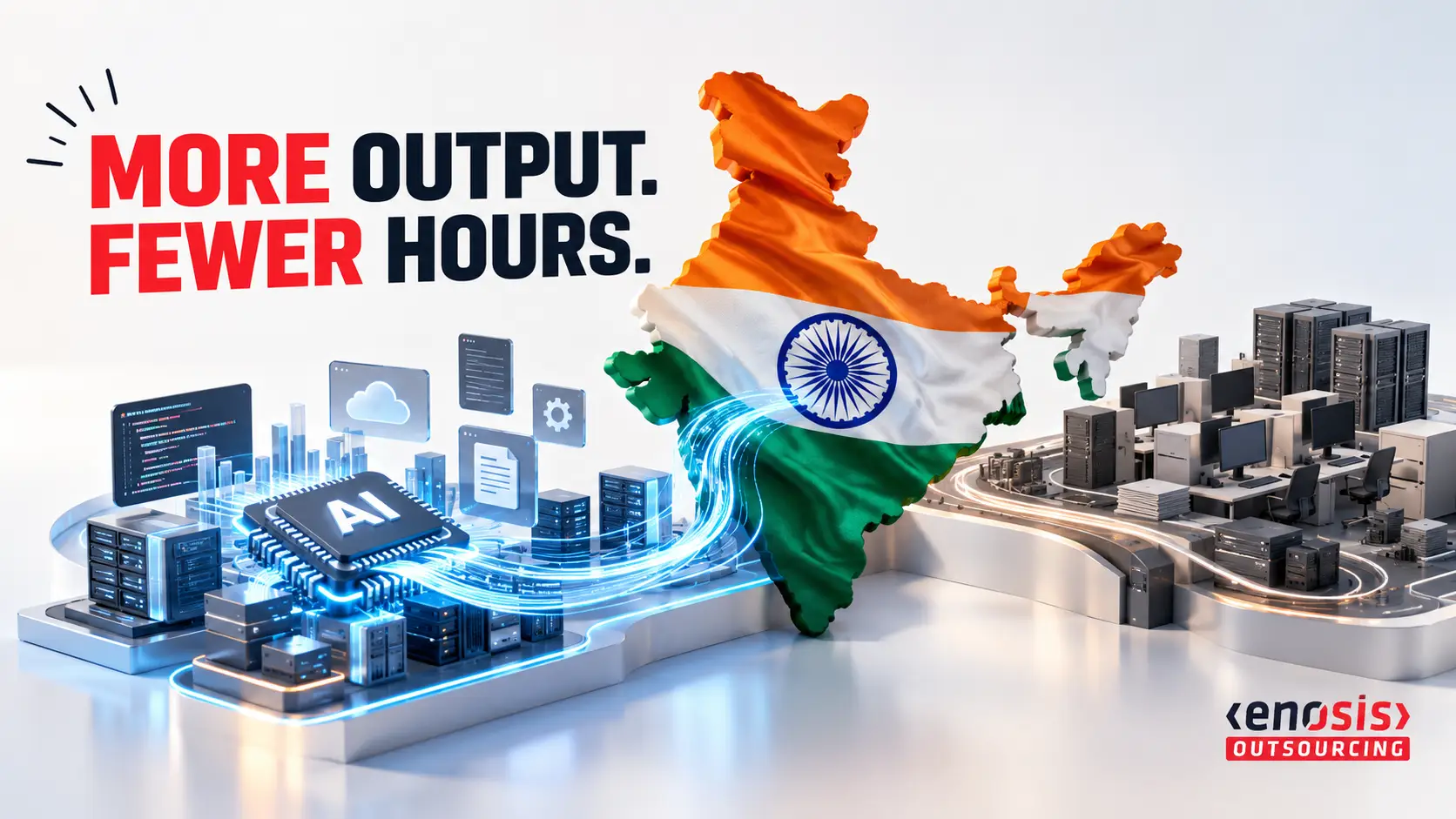 alt text of this image 3D illustration of India's AI-driven IT transformation, featuring the Indian flag, AI-powered software systems, traditional IT infrastructure, and the message “More Output. Fewer Hours.”
