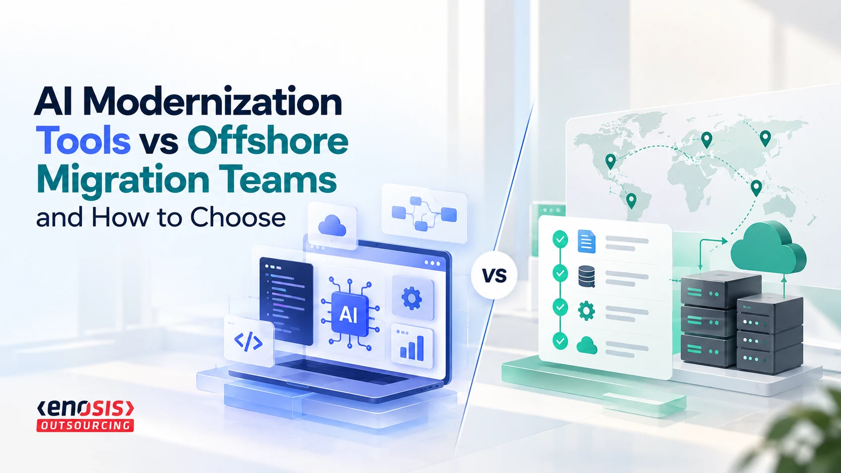 AI modernization tools vs offshore migration teams, featuring AI-powered automation, software migration workflows, global connectivity, and server infrastructure.