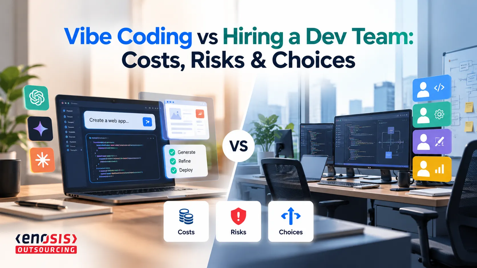 Vibe coding vs. hiring a development team, comparing AI-powered app creation with professional software development based on costs, risks, and project needs.