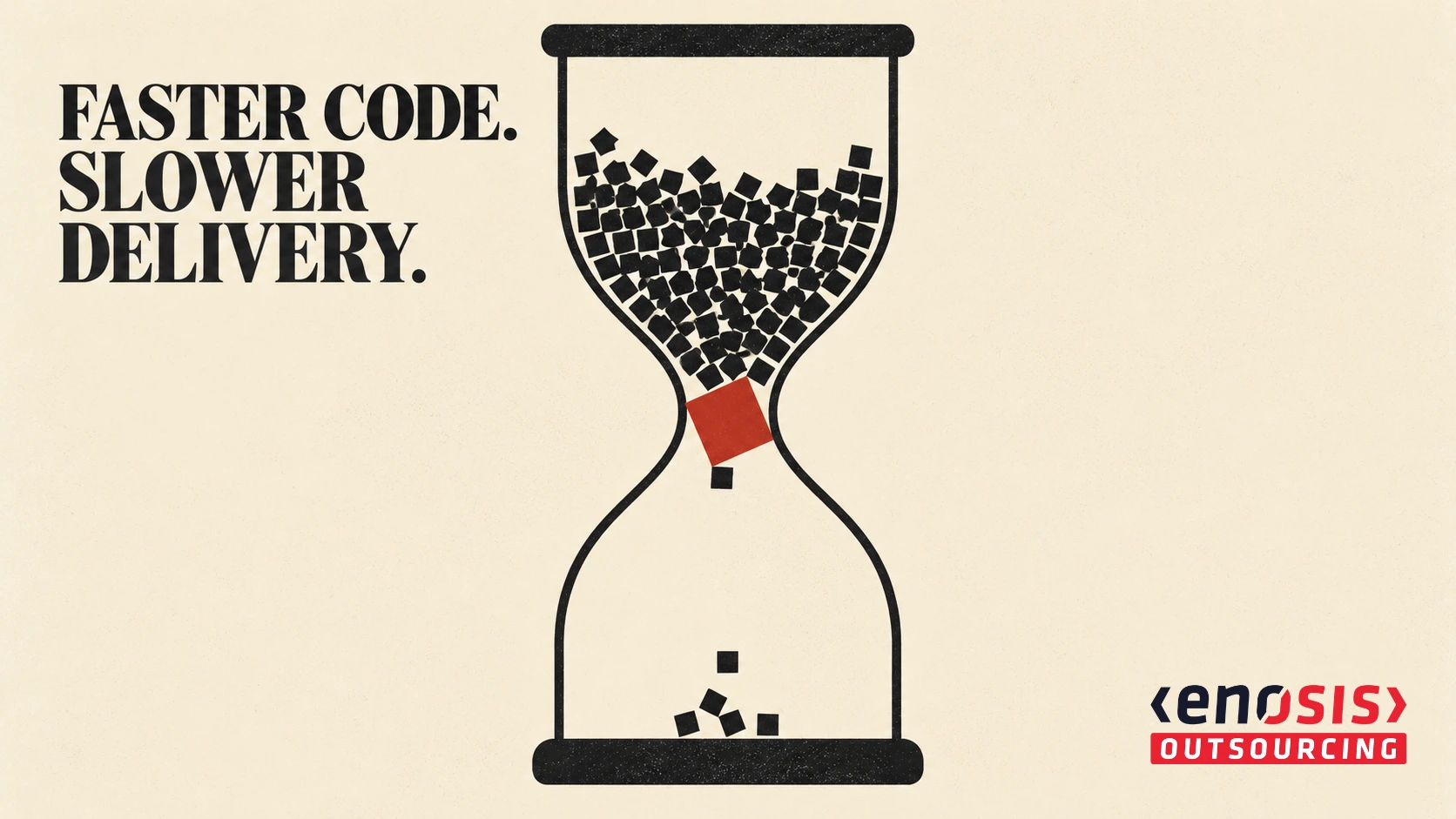 Editorial illustration of an hourglass with black code blocks piling up behind a red bottleneck, representing faster coding but slower software delivery.